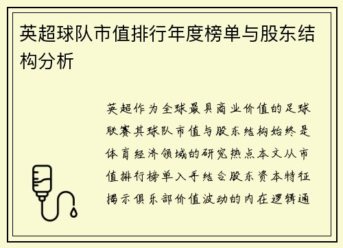英超球队市值排行年度榜单与股东结构分析